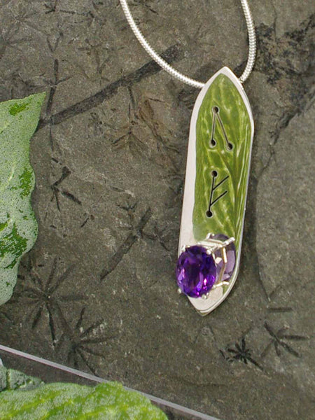 Amethyst Oval Runic Sterling Silver Necklace gem closeup