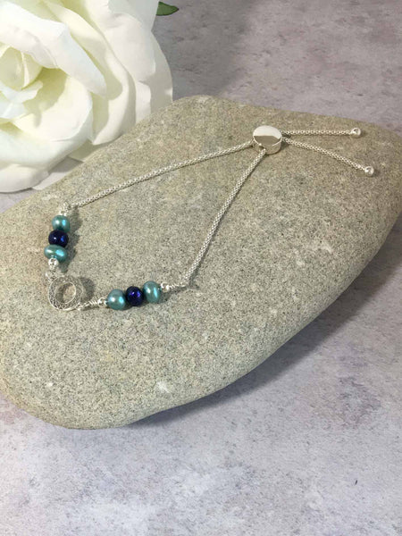 Blue Pearl Filigree sterling silver Charm Slider Bracelet