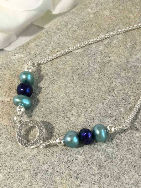 Blue Pearl Filigree Charm Sterling Silver Slider Bracelet