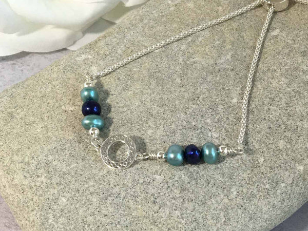 Blue Pearl Filigree Charm Silver Slider Bracelet