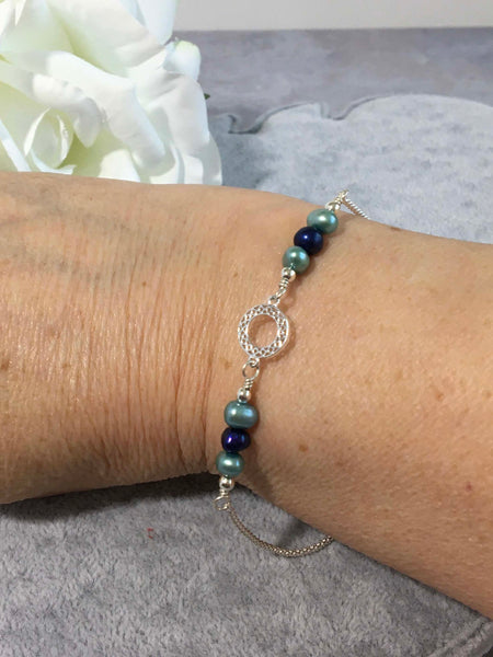 Blue Pearls Filigree Charm Sterling Silver Slider Bracelet