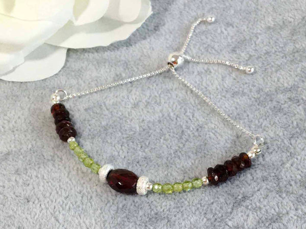 Jewellery by Linda Garnet and Peridot sterling silver slider bracelet