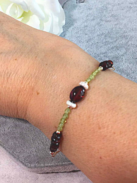 Garnet and Peridot Sterling Silver Slider Bracelet