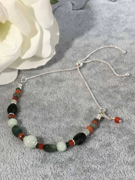 Emerald Jadeite and Carnelian Sterling Slider Bracelet