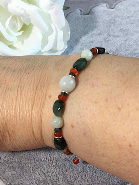 Emerald Jadeite and Carnelian Sterling Slider Bracelet