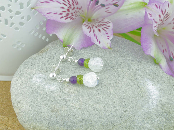 Crackle Earrings - Sterling Silver, Amethyst, Peridot, Quartz