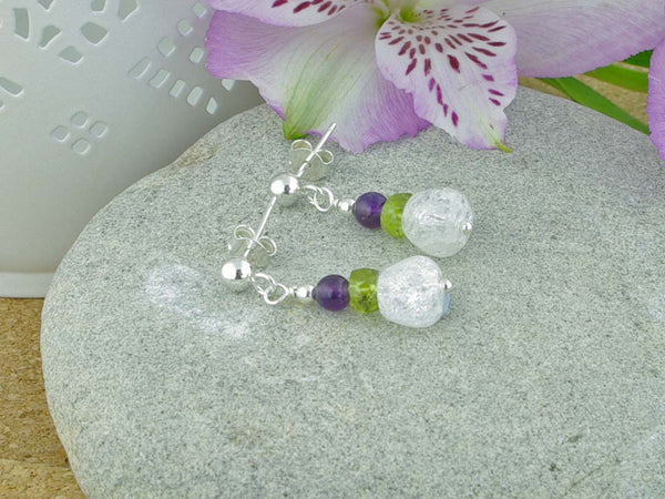 Crackle Earrings - Sterling Silver, Amethyst, Peridot, Quartz from Jewellery by Linda
