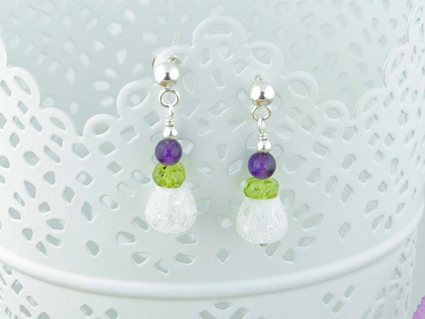 Crackle Earrings - Sterling Silver, Amethyst, Peridot & Quartz