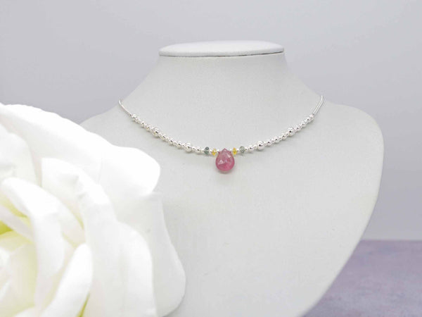 Pink Drop Sapphire - Fancy yellow and green Sapphire Sterling Silver Necklace