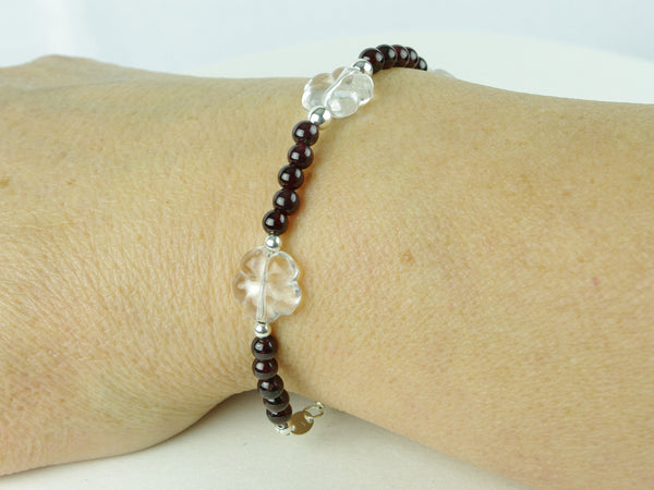 Flower Power Bracelet - Garnet, Quartz Flowers, Sterling Silver shown as worn