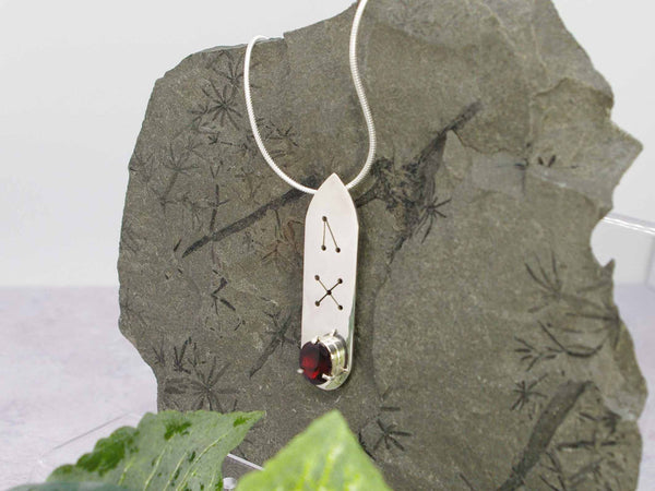Garnet Oval Runic Sterling Silver Pendant Necklace