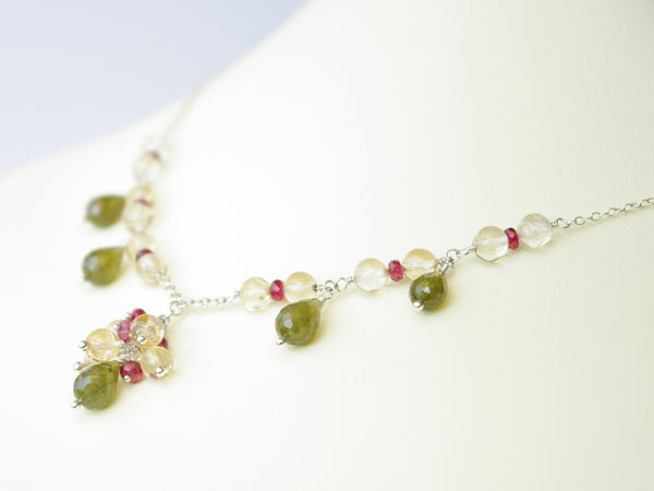 Hermia Necklace - Exclusive & Handmade with Vesuvianite, Citrine & Red Spinel