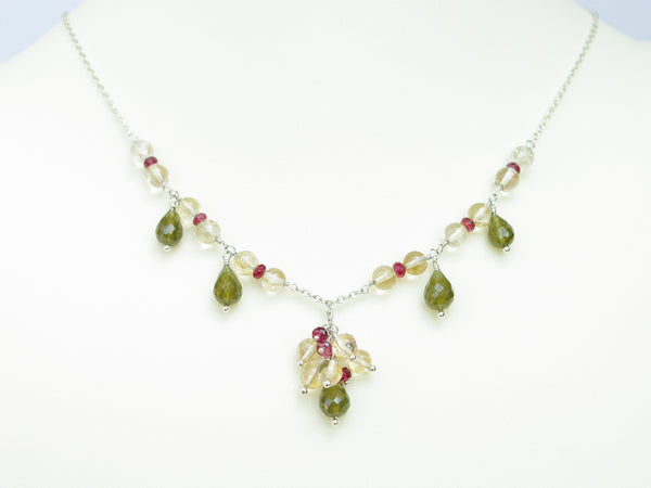 Hermia Necklace - Exclusive & Handmade with Vesuvianite, Citrine & Red Spinel