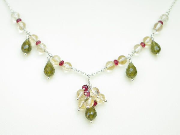 Hermia Necklace - Exclusive & Handmade with Vesuvianite, Citrine & Red Spinel