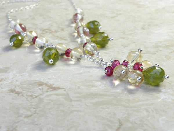 Hermia Necklace - Exclusive & Handmade with Vesuvianite, Citrine & Red Spinel