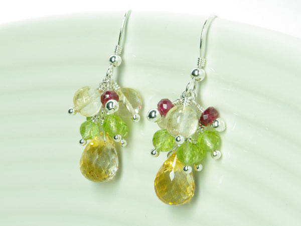 Liana Earrings - Exclusive & Handmade with Peridot, Citrine & Red Spinel