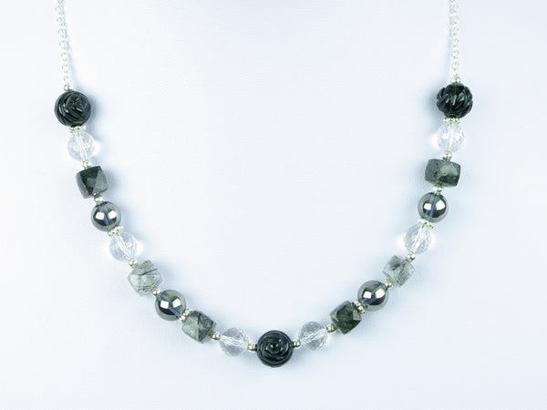 Mono Necklace - Carved Black Agate, Tourmalinated Quartz and Quartz