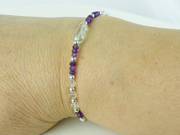 On a Roll Bracelet - Green Amethyst, Amethyst, Quartz, Sterling Silver shown worn