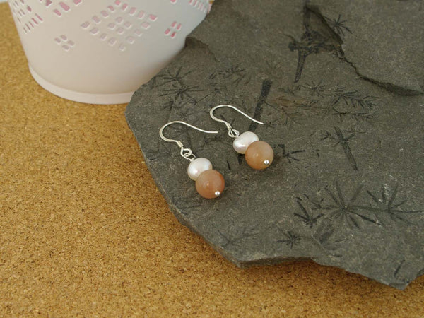 Peaches & Cream Earrings - Cultured Pearl & Peach Moonstone Silver Earrings. Pearls Collection, Jewellery by Linda