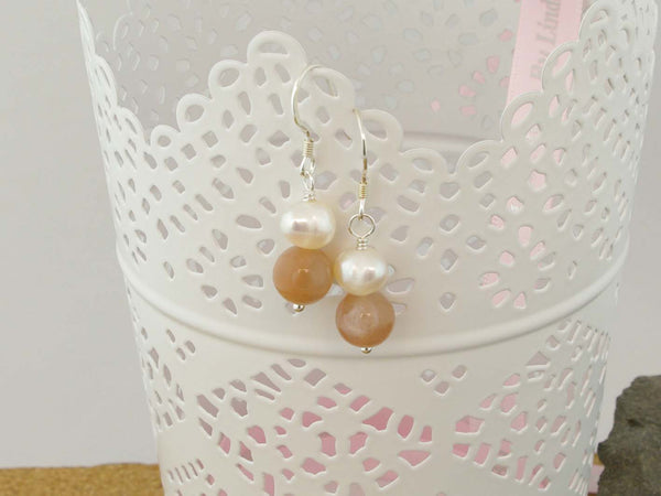 Peaches & Cream Earrings - Cultured Pearl and Peach Moonstone Silver Earrings. Jewellery by Linda Pearls Collection