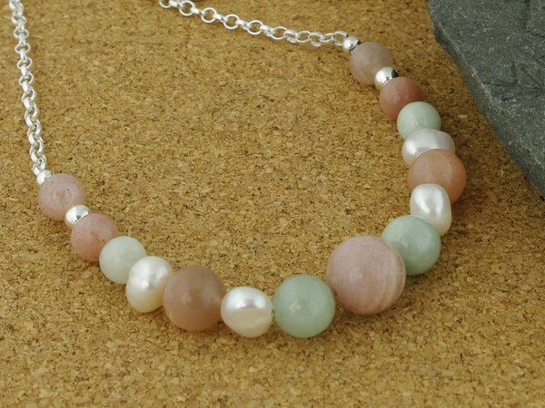 Peaches & Cream Necklace - Cultured Pearl, Jadeite & Peach Moonstone Silver Necklace from the Pearls Collection at Jewellery by Linda