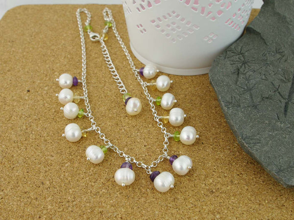 Pearl Dream Necklace - Freshwater Pearls, Amethyst, Citrine, Peridot on Sterling Silver