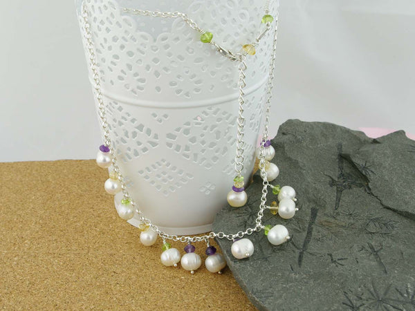 Pearl Dream Necklace - Freshwater Pearls, Amethyst, Citrine, Peridot with Sterling Silver. Jewellery by Linda