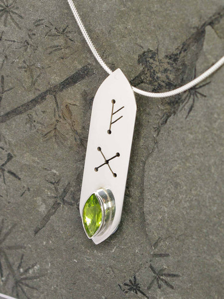 Peridot Marquise Runic Sterling Silver Necklace gem closeup