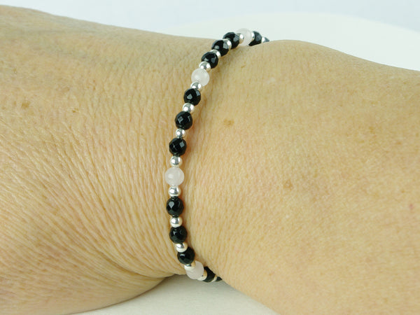 Round & Round Bracelet - Black Agate, Rose Quartz, Sterling Silver shown worn