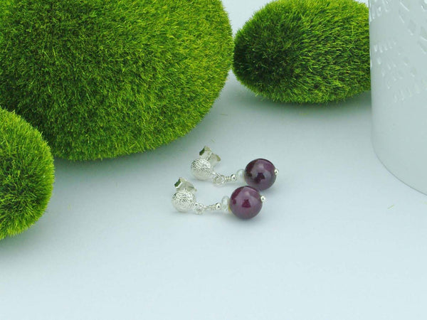 Ruby Round Earrings - Ruby with Pearl, and Sterling Silver fancy studs