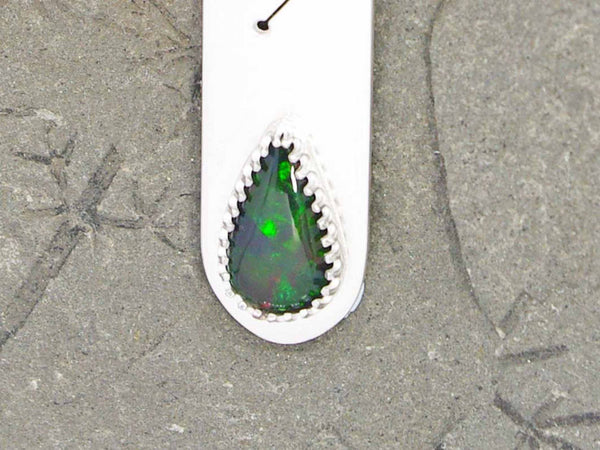 Rune necklace with black opal with green flashes on sterling silver