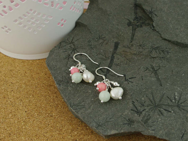 Serenity Earrings - Exquisite Pearl, Jadeite and Coral Sterling Silver Earrings. Jewellery by Linda