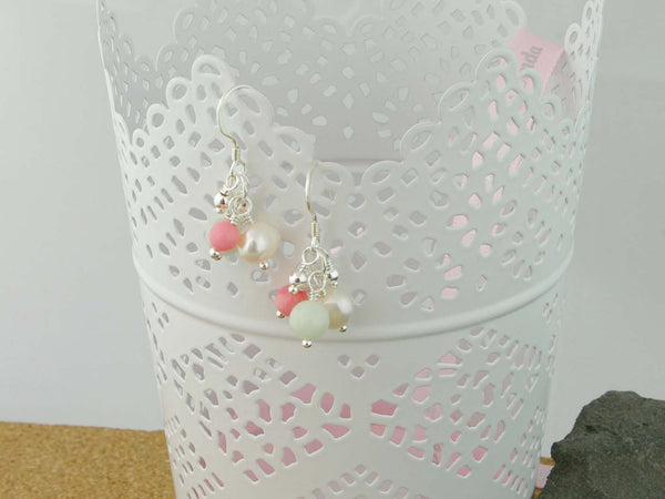 Serenity Earrings - Exquisite Pearl, Jadeite and Coral Sterling Silver Earrings. Jewellery by Linda Pearls Collection
