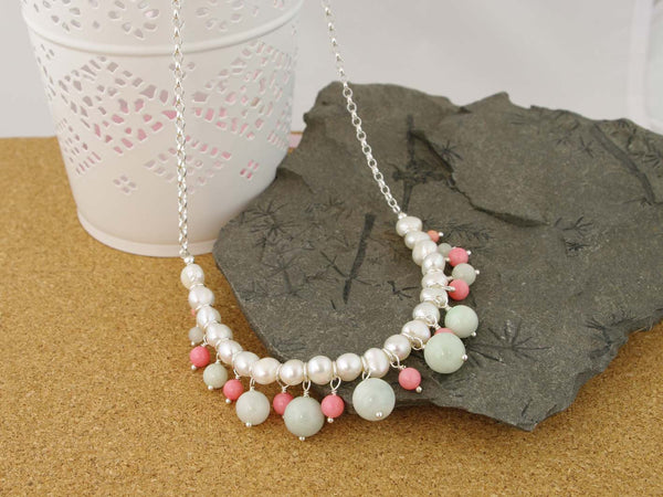 Serenity Necklace - Exquisite Pearl, Jadeite & Coral Sterling Silver Necklace at Jewellery by Linda