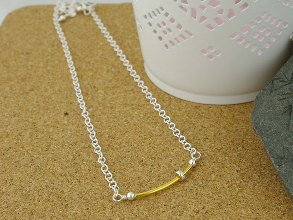 Fidget Necklace - Sterling Silver - Gold Plated Silver Tube and Petite Silver Ring