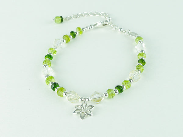 Spring Flower Bracelet - Peridot, Citrine, Diopside, Sterling Silver Charm