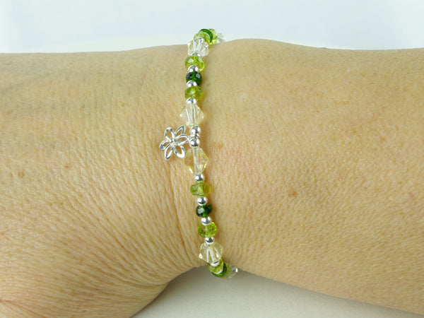 Spring Flower Bracelet - Peridot, Citrine, Diopside, Sterling Silver Charm shown as worn