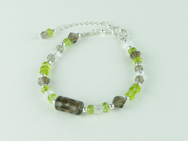 Springtime Bracelet - Smokey Quartz, Peridot, Clear Quartz, Sterling Silver