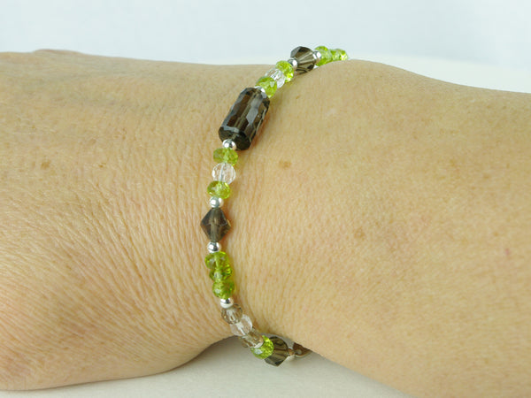 Springtime Bracelet - Smokey Quartz, Peridot, Clear Quartz, Sterling Silver as worn