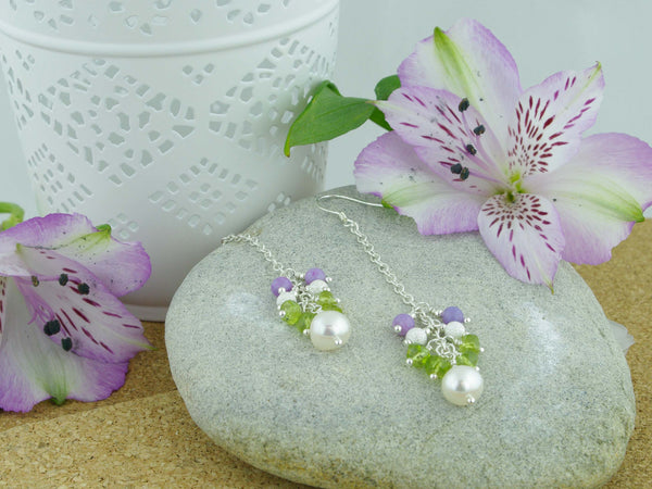 Sweeping Cluster Earrings - Pearl, Peridot, Lilac Opal, Sterling Silver