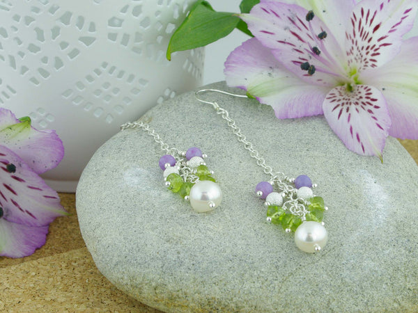 Jewellery by Linda Sweeping Cluster Earrings - Pearl, Peridot, Lilac Opal, Sterling Silver