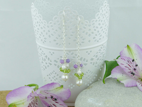 Sweeping Cluster Earrings - Pearl, Peridot, Lilac Opal on Sterling Silver