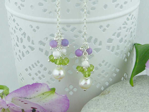 Sweeping Cluster Earrings - Pearl, Peridot, Lilac Opal on Sterling Silver from Jewellery by Linda
