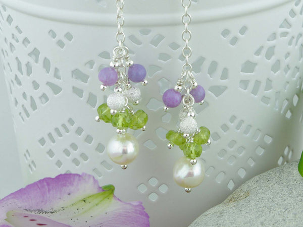 Sweeping Cluster Earrings - Pearl with Peridot, Lilac Opal, Sterling Silver