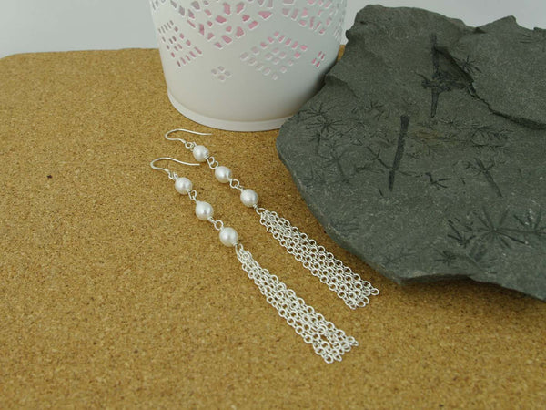 Tassel Earrings - Stylish Pearl & Tassel Shoulder Duster Sterling Silver Earrings. Jewellery by Linda Pearls Collection