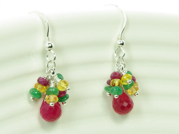 Titania Earrings - Exclusive & Handmade with Precious Gemstones - Ruby, Emerald & Yellow Sapphire