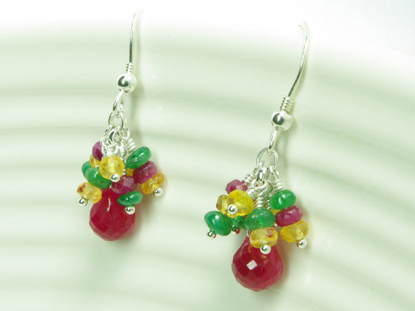 Titania Earrings - Exclusive & Handmade with Precious Gemstones - Ruby, Emerald & Yellow Sapphire