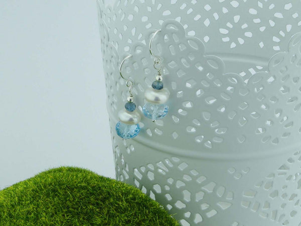 Topaz Dream Earrings - Swiss Blue & London Blue Topaz with Pearl, Sterling Silver earrings