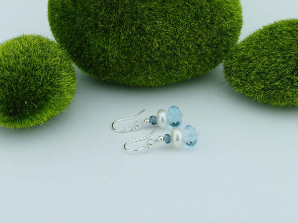 Topaz Dream Earrings - Swiss Blue & London Blue Topaz earrings with Pearl, Sterling Silver