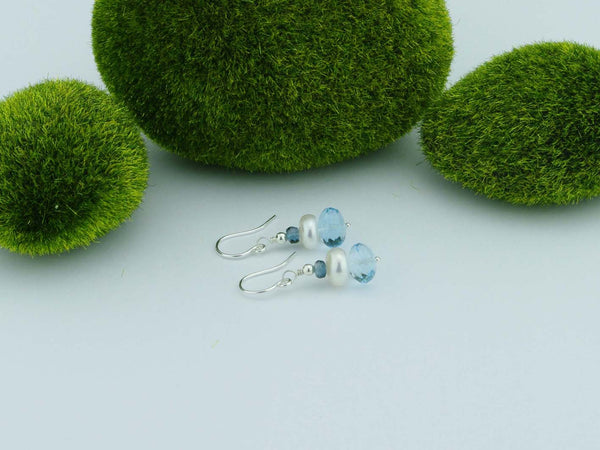 Topaz Dream Earrings - Swiss Blue & London Blue Topaz with Pearl, Sterling Silver